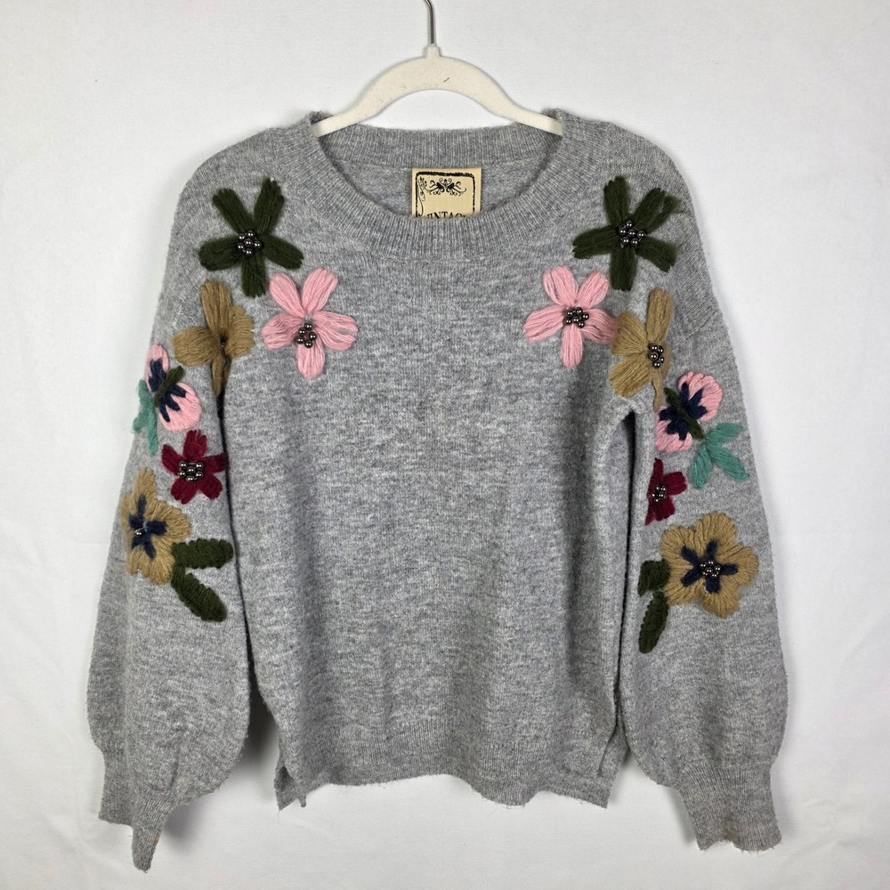Vintage Concept Gray Floral Embroidered Wool Blend Beaded Sweater Small